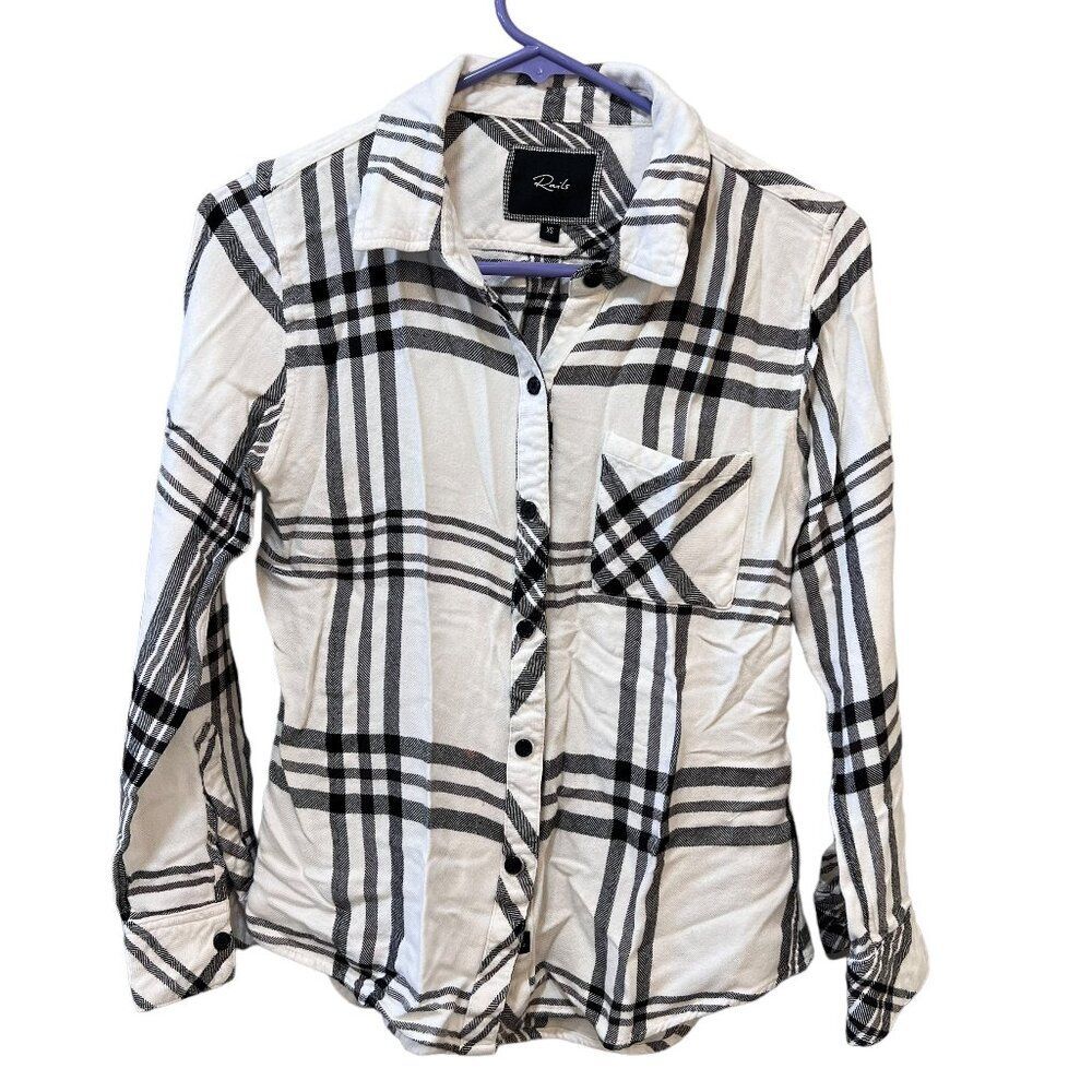 Rails Plaid Button Up Long‎ Sleeve Shirt Flannel Women XS White Black Comfort